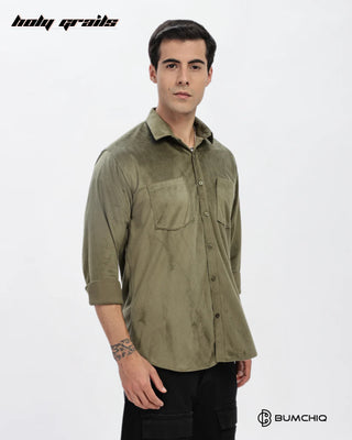 Guy in Streetwear Style 'Olive Twill' Pattern Cotton Double Pocket Full Sleeve Slim Fit Solid Shirt HG x Bumchiq - Side 2