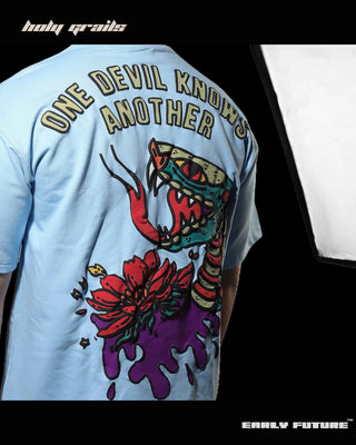 Guy in Streetwear Style 'One Devil Knows Another' Serpent Sky Blue 240 GSM Oversize Tee HG x Early Future - Back