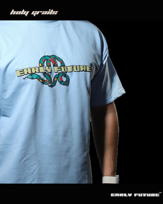 Guy in Streetwear Style 'One Devil Knows Another' Serpent Sky Blue 240 GSM Oversize Tee HG x Early Future - Front