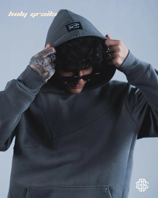 Guy in Streetwear Style 'Serene Grey Flint' Premium 350+ GSM Cotton Fleece Fabric Oversize Hoodie HG x DRBL - Front Close with Hood On