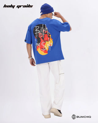 Guy in Streetwear Style 'Solo Bitch' Blue 240 GSM 100% Terry Cotton Oversize Graphic T-Shirt HG x Bumchiq - Back Full
