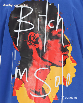 Guy in Streetwear Style 'Solo Bitch' Blue 240 GSM 100% Terry Cotton Oversize Graphic T-Shirt HG x Bumchiq - Back Print Close Up