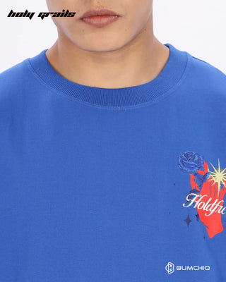 Guy in Streetwear Style 'Solo Bitch' Blue 240 GSM 100% Terry Cotton Oversize Graphic T-Shirt HG x Bumchiq - Front Close Up