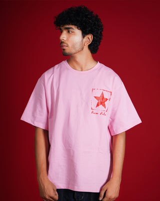 Guy in Streetwear Style 'The Cracked Star' Pastel Pink French Terry Cotton 240 GSM Tee-Shirt - Front