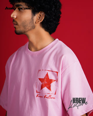 Guy in Streetwear Style 'The Cracked Star' Pastel Pink French Terry Cotton 240 GSM Tee-Shirt - Side Closeup