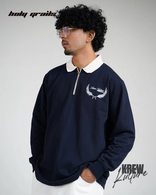 Guy in Streetwear Style 'The Elite' Navy Blue 280 GSM French Terry Cotton Screen Printed Polo T-Shirt HG x Krewe Kulturr - Front