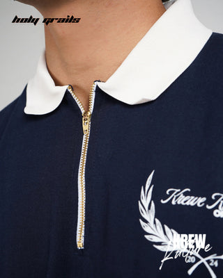 Guy in Streetwear Style 'The Elite' Navy Blue 280 GSM French Terry Cotton Screen Printed Polo T-Shirt HG x Krewe Kulturr - Front Zipper Close Up
