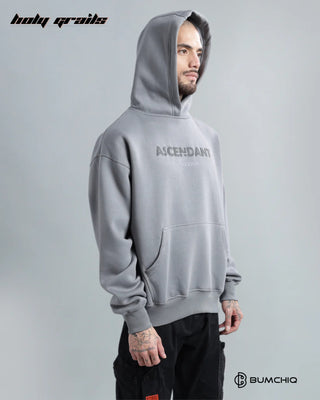 Guy in Streetwear 'Ascendant' Grey 350-370GSM 100% Cotton Puff Print Oversize Hoodie HG x Bumchiq - Side with Hood On