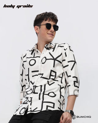 Guy Sitting in Streetwear 'Black Abstract' White Imported Fabric Slim Fit Full Sleeve Shirt HG x Bumchiq - Front