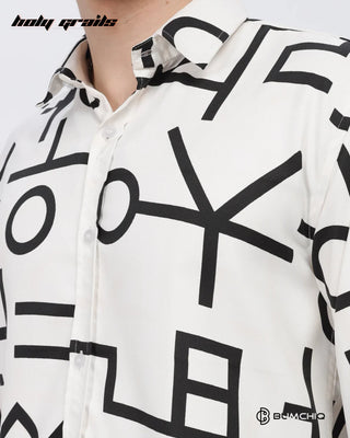 Guy in Streetwear 'Black Abstract' White Imported Fabric Slim Fit Full Sleeve Shirt HG x Bumchiq - Front Close Up