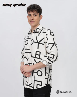 Guy in Streetwear 'Black Abstract' White Imported Fabric Slim Fit Full Sleeve Shirt HG x Bumchiq - Front Side 1