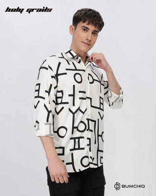 Guy in Streetwear 'Black Abstract' White Imported Fabric Slim Fit Full Sleeve Shirt HG x Bumchiq - Front Side 2