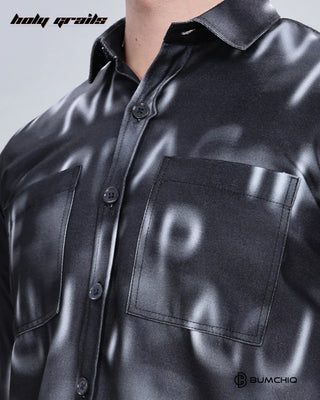 Guy in Streetwear 'Black Alphabetical' Full Sleeve 90% Cotton 10% Polyester Overshirt HG x Bumchiq - Front Pocket Close Up