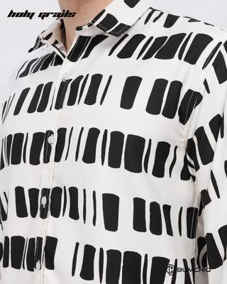 Guy in Streetwear 'Black Box Abstract' White Imported Fabric Full Sleeve Slim Fit Shirt HG x Bumchiq - Front Close Up