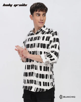 Guy in Streetwear 'Black Box Abstract' White Imported Fabric Full Sleeve Slim Fit Shirt HG x Bumchiq - Front Side 1