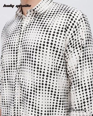 Guy in Streetwear 'Black Dotted Abstract' White Imported Fabric Full Sleeve Slim Fit Shirt HG x Bumchiq - Front Close Up