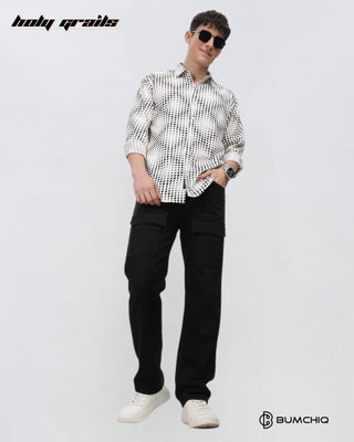 Guy Standing in Streetwear 'Black Dotted Abstract' White Imported Fabric Full Sleeve Slim Fit Shirt HG x Bumchiq - Front Full