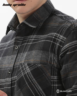 Guy in Streetwear 'Black Flannel' Full Sleeve 100% Cotton Checkered Overshirt HG x Bumchiq - Front Pocket Close Up