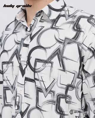 Guy in Streetwear 'Black Geometrical' White 80% Cotton 20% Polyester Full Sleeve Slim Fit Shirt HG x Bumchiq - Front Close Up