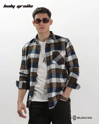 Guy in Streetwear 'Blue-Brown Flannel' 100% Cotton Checkered Full Sleeve Overshirt HG x Bumchiq - Front