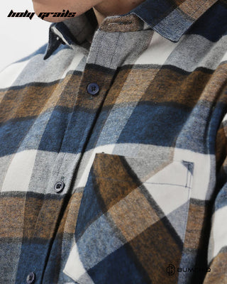 Guy in Streetwear 'Blue-Brown Flannel' 100% Cotton Checkered Full Sleeve Overshirt HG x Bumchiq - Front Pocket Close Up