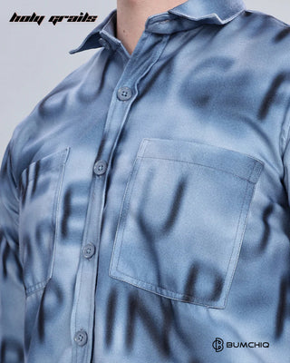 Guy in Streetwear 'Blue Alphabetical' Full Sleeve 90% Cotton 10% Polyester Overshirt HG x Bumchiq - Front Pocket Close Up