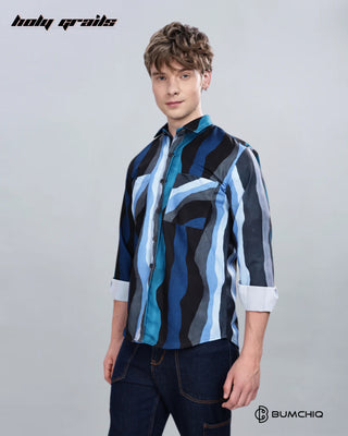 Guy in Streetwear 'Blue Wavy' Full Sleeve 70% Cotton 30% Polyester Overshirt HG x Bumchiq - Front Side 1