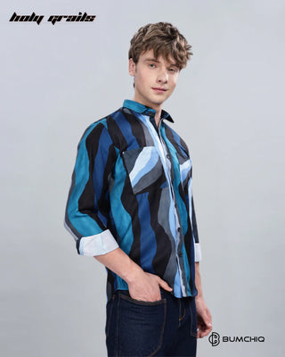 Guy in Streetwear 'Blue Wavy' Full Sleeve 70% Cotton 30% Polyester Overshirt HG x Bumchiq - Front Side 2