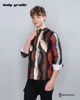 Guy in Streetwear 'Brown Wavy' Full Sleeve 70% Cotton 30% Polyester Overshirt HG x Bumchiq - Front Side 1