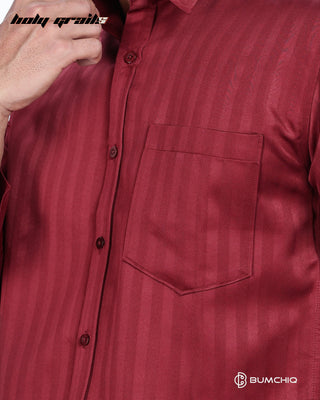 Guy in Streetwear 'Cherry Red Stripes' Solid Polycotton Full Sleeve Slim Fit Shirt HG x Bumchiq - Front Close Up