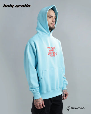 Guy Standing Streetwear 'Cosmic' Light Blue 350-370 GSM 100% Cotton DTF Print Oversize Hoodie HG x Bumchiq - Side with Hood On