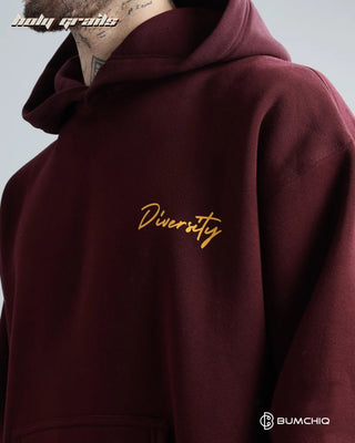 Guy in Streetwear 'Diversity' Maroon Red 350-370 GSM 100% Cotton DTF Print Oversize Hoodie HG x Bumchiq - Front Print Close Up