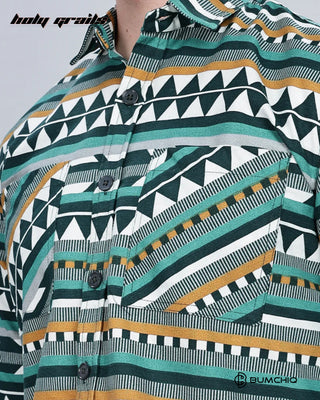 Guy in Streetwear 'Green Aztec' Full Sleeve 70% Cotton 30% Polyester Overshirt HG x Bumchiq - Front Pocket Close Up