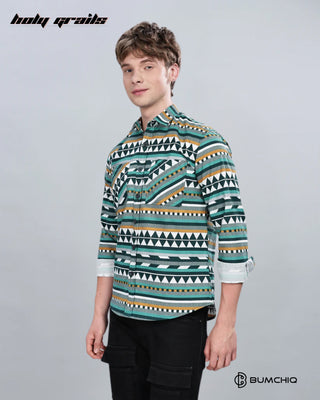 Guy in Streetwear 'Green Aztec' Full Sleeve 70% Cotton 30% Polyester Overshirt HG x Bumchiq - Front Side 1