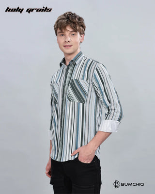 Guy in Streetwear 'Green Blue Stripes' Full Sleeves 70% Cotton 30% Polyester Overshirt HG x Bumchiq - Front Side 1