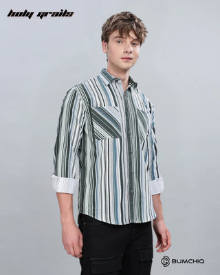 Guy in Streetwear 'Green Blue Stripes' Full Sleeves 70% Cotton 30% Polyester Overshirt HG x Bumchiq - Front Side 2