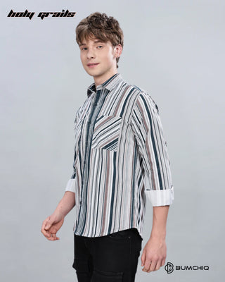 Guy in Streetwear 'Green Cream Stripes' White 70% Cotton 30% Polyester Full Sleeves Overshirt HG x Bumchiq - Front Side 1