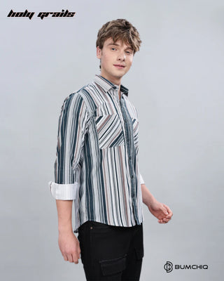 Guy in Streetwear 'Green Cream Stripes' White 70% Cotton 30% Polyester Full Sleeves Overshirt HG x Bumchiq - Front Side 2