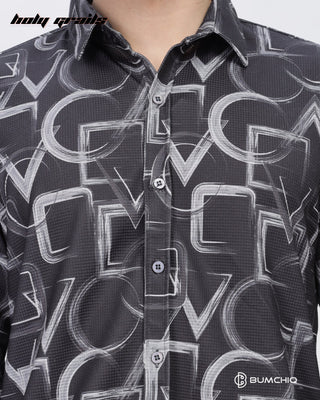 Guy in Streetwear 'Grey Geometrical' Black 80% Cotton 20% Polyester Full Sleeve Shirt HG x Bumchiq - Front Close Up