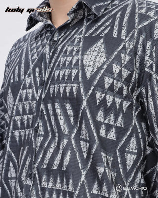 Guy in Streetwear 'Grey Geometrical' Black 80% Cotton 20% Polyester Full Sleeve Slim Fit Shirt HG x Bumchiq - Front Close Up