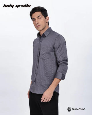 Guy in Streetwear 'Grey Stripes' Solid Polycotton Full Sleeve Slim Fit Shirt HG x Bumchiq - Front Side 1