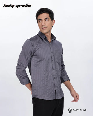 Guy in Streetwear 'Grey Stripes' Solid Polycotton Full Sleeve Slim Fit Shirt HG x Bumchiq - Front Side 2