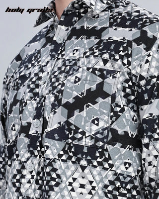 Guy in Streetwear 'Greyish Abstractix' 70% Cotton 30% Polyester Full Sleeve Overshirt HG x Bumchiq - Front Pocket Close Up