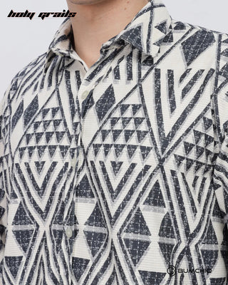 Guy in Streetwear 'Greyish Geometrical' Beige Polycotton Full Sleeve Slim Fit Shirt HG x Bumchiq - Front Close Up