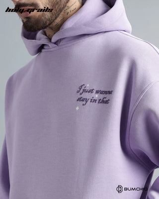 Guy in Streetwear 'Lavender Haze' Purple 350-370 GSM 100% Cotton Puff Print Oversize Hoodie HG x Bumchiq - Front Print Close Up