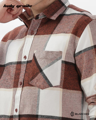 Guy in Streetwear 'Maroon Flannel' Full Sleeve Chekered 100% Cotton Overshirt HG x Bumchiq - Front Pocket Close Up