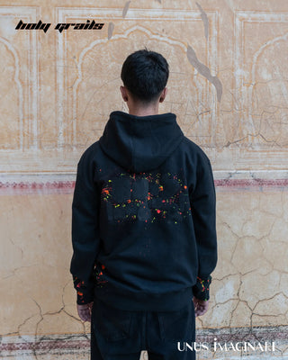 Guy in Streetwear 'Mess-cot' 320 GSM 60% cotton 40% polyester mix splashed black oversize hoodie HG x Unus Imaginari - Back