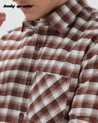 Guy in Streetwear 'Mini Maroon Flannel' Checkered Full Sleeve 100% Cotton Overshirt HG x Bumchiq - Front Pocket Close Up