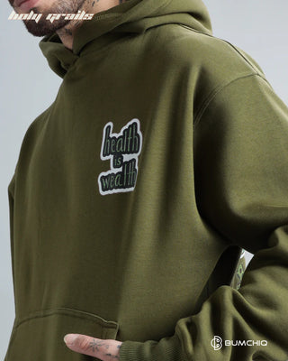 Guy in Streetwear 'Money' Green Olive 350-370 GSM 100% Cotton DTF Print Oversize Hoodie HG x Bumchiq - Front Print Close Up