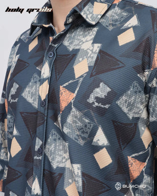 Guy in Streetwear 'Multi Abstract' Blue Polycotton Full Sleeve Slim Fit Shirt HG x Bumchiq - Front Close Up